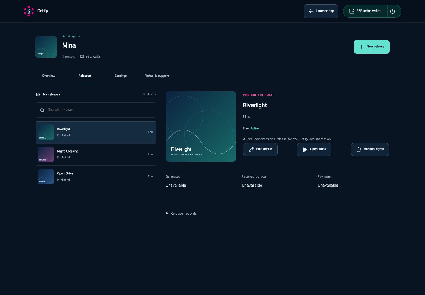 Artist studio with release and live activity controls